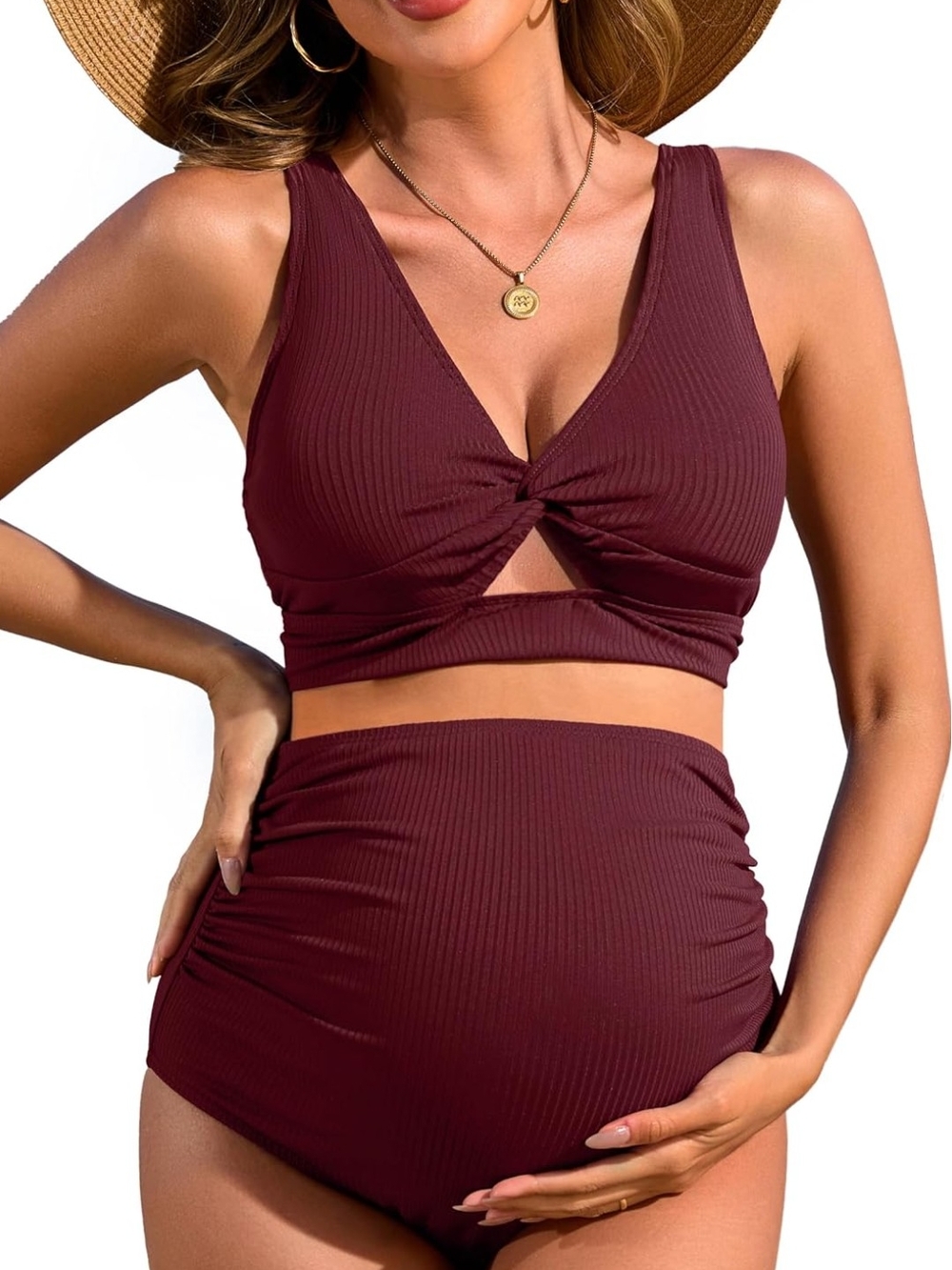 Ribbed Maternity Two-Piece Bikini Set in Deep Wine